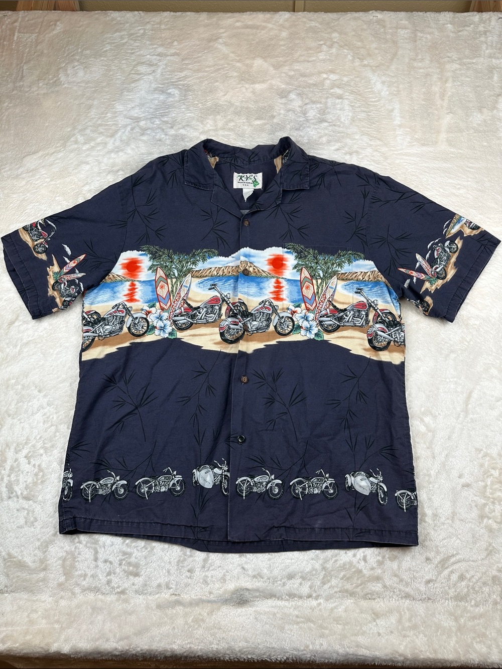 KY’S Made in Hawaii Hawaiian Shirt Motorcycle Biker Aloha Navy Cotton Men’s